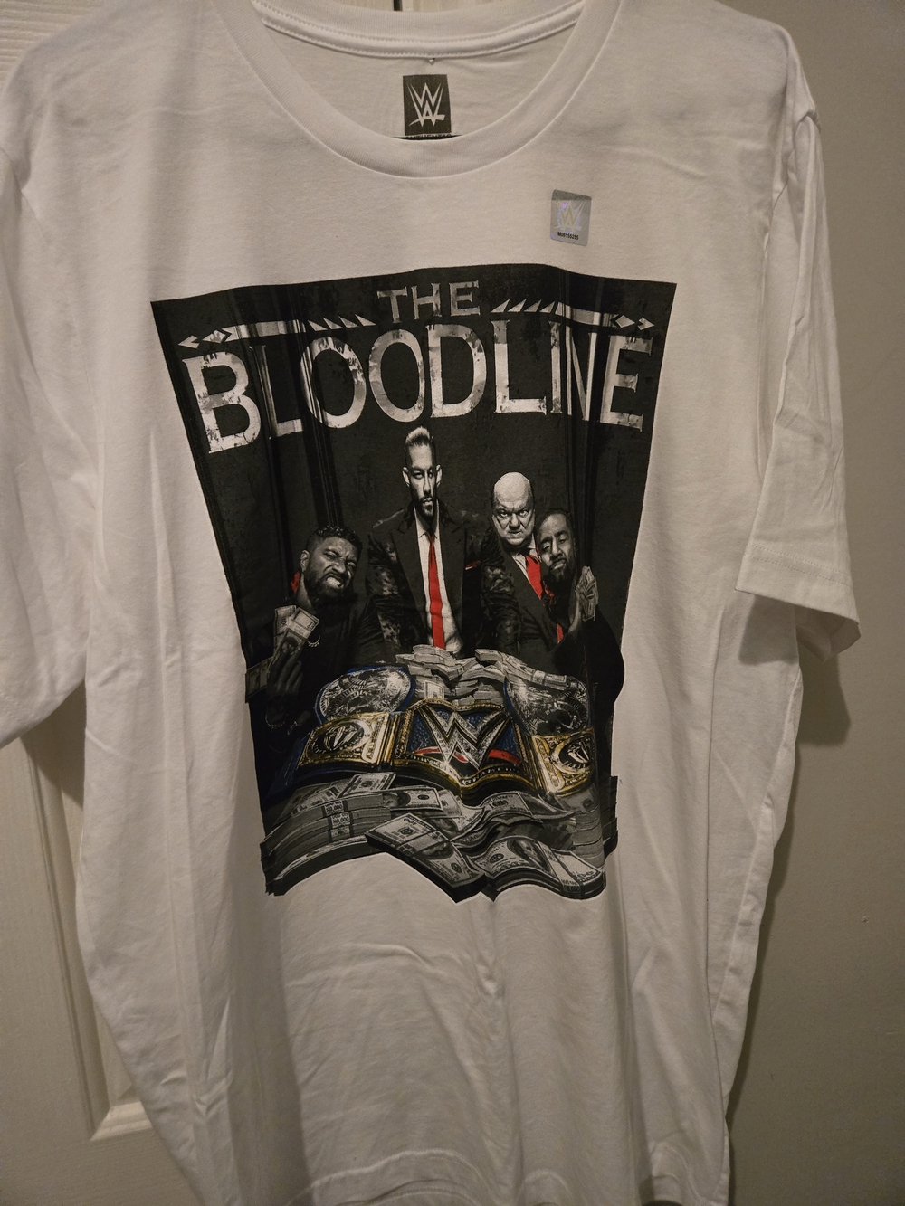 WWE The Bloodline Men's White Graphic Tee with Black and Red Artwork
